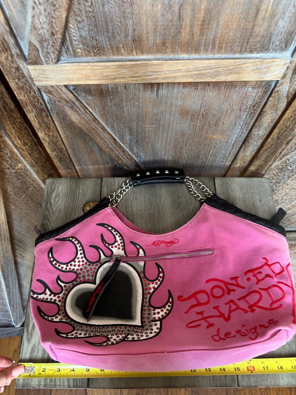 Ed Hardy Vintage Y2K World Citizen Pink Canvas Rhinestones Embroidered Purse - Picture 15 of 16